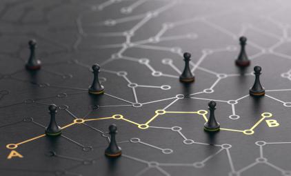 pawns on a board with dots and lines