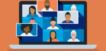 illustration of a diverse group of friends or colleagues in a video conference on laptop