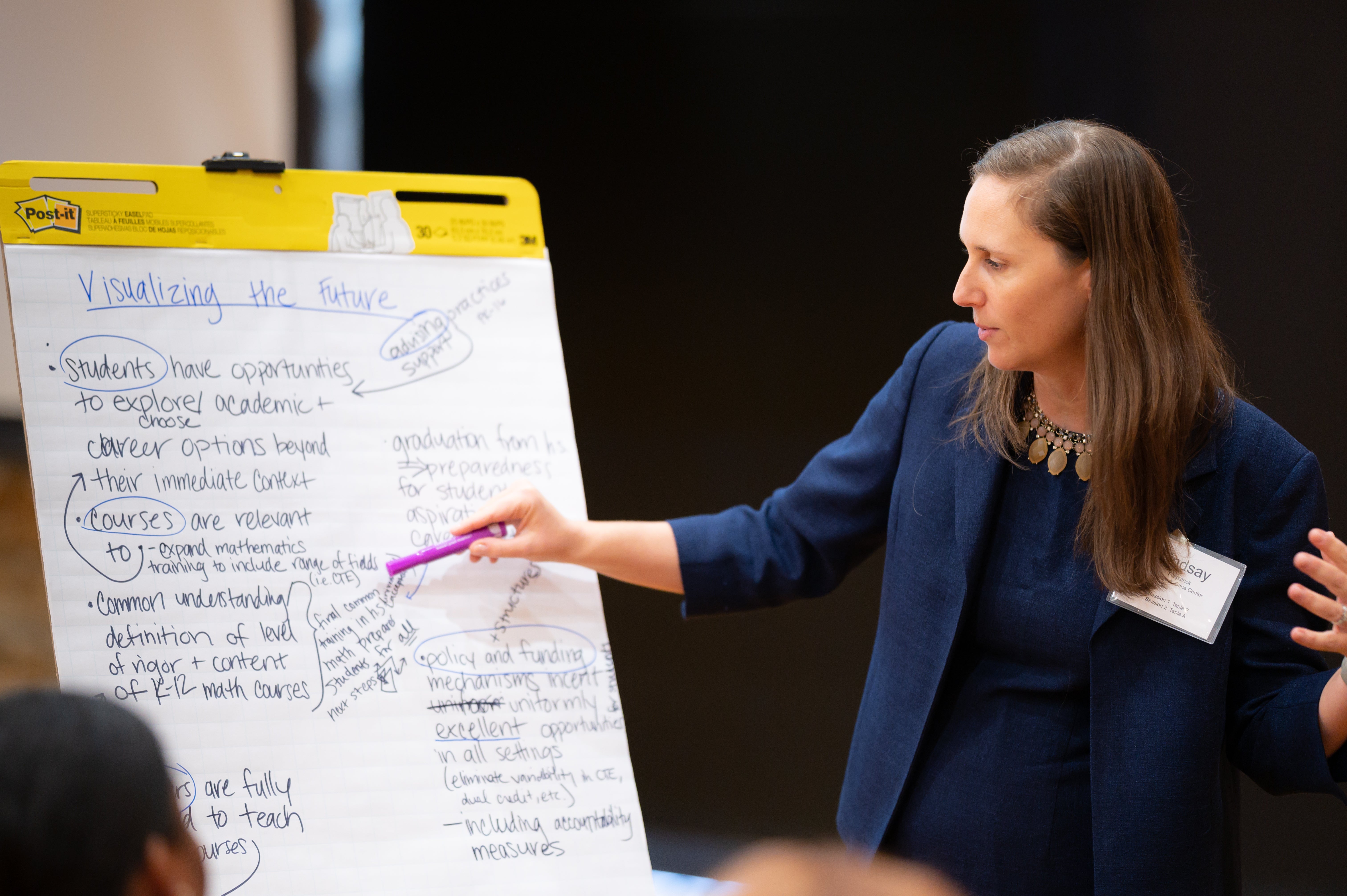 person writing on a flip chart