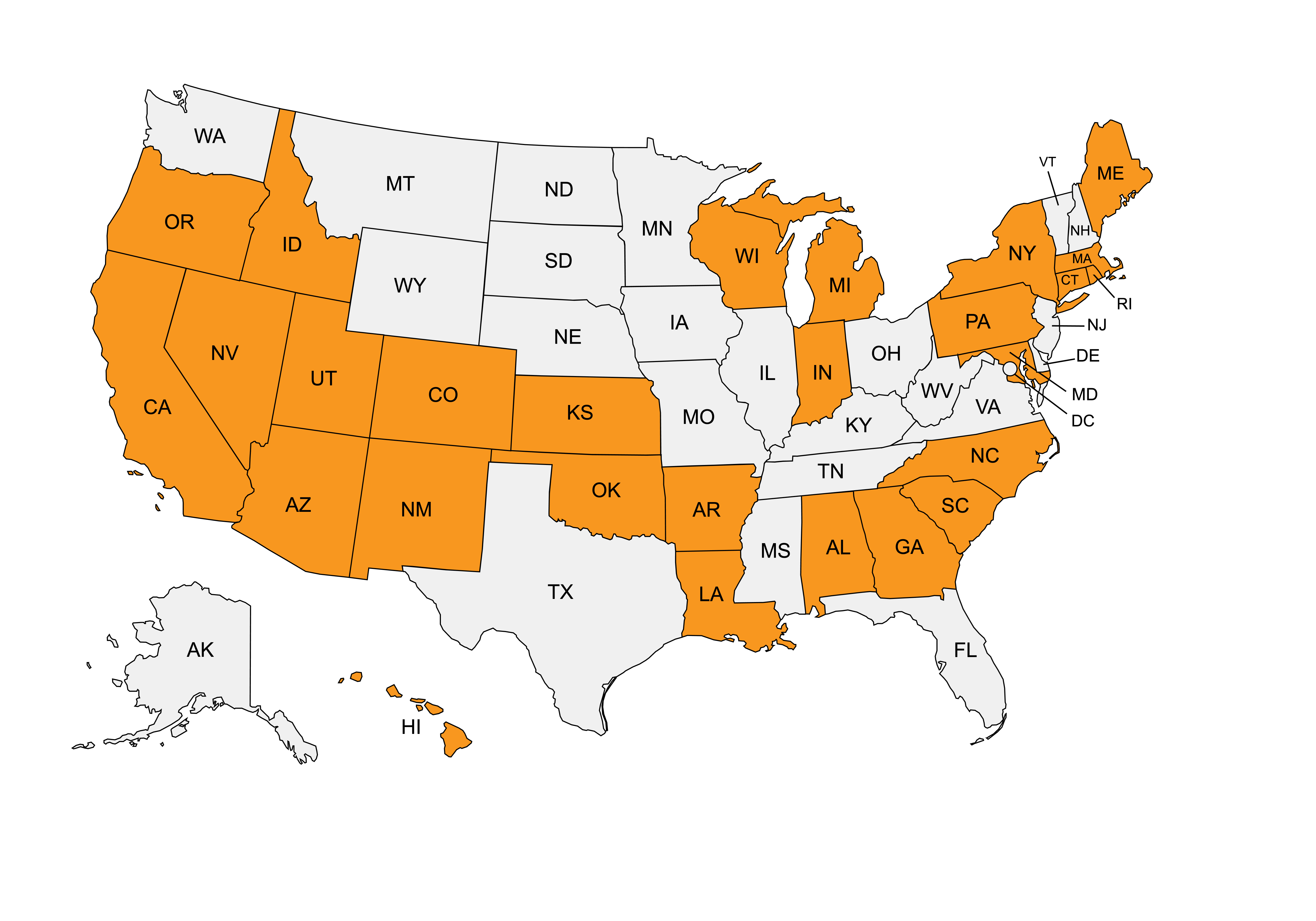 Map of the US showing states that are in the Launch Years Initiative