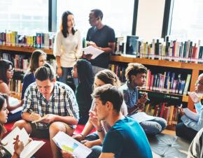 students congregating in library