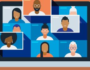 illustration of a diverse group of friends or colleagues in a video conference on laptop