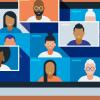 illustration of a diverse group of friends or colleagues in a video conference on laptop